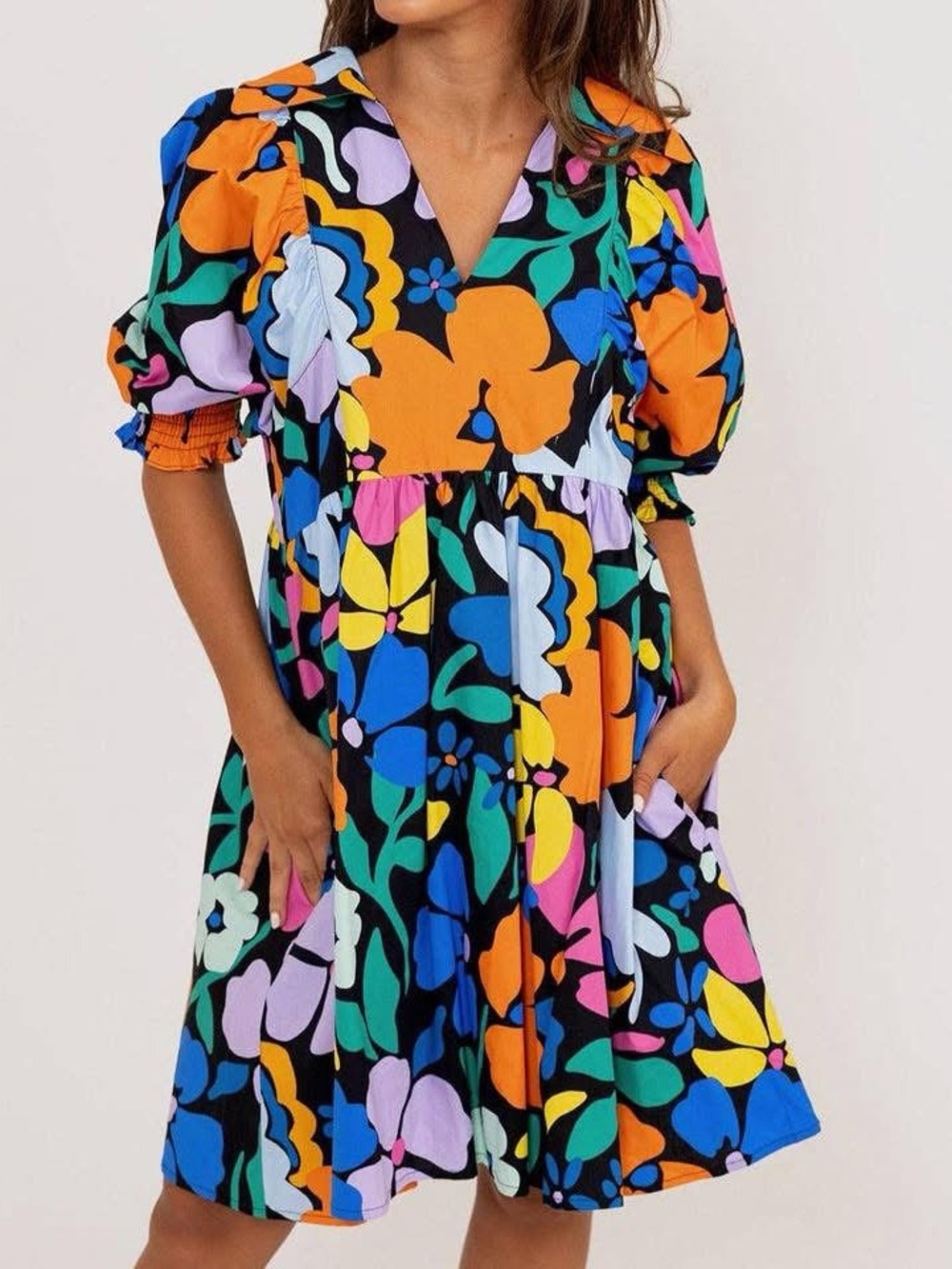 Vibrant Multi Floral Puff-Sleeve Dress